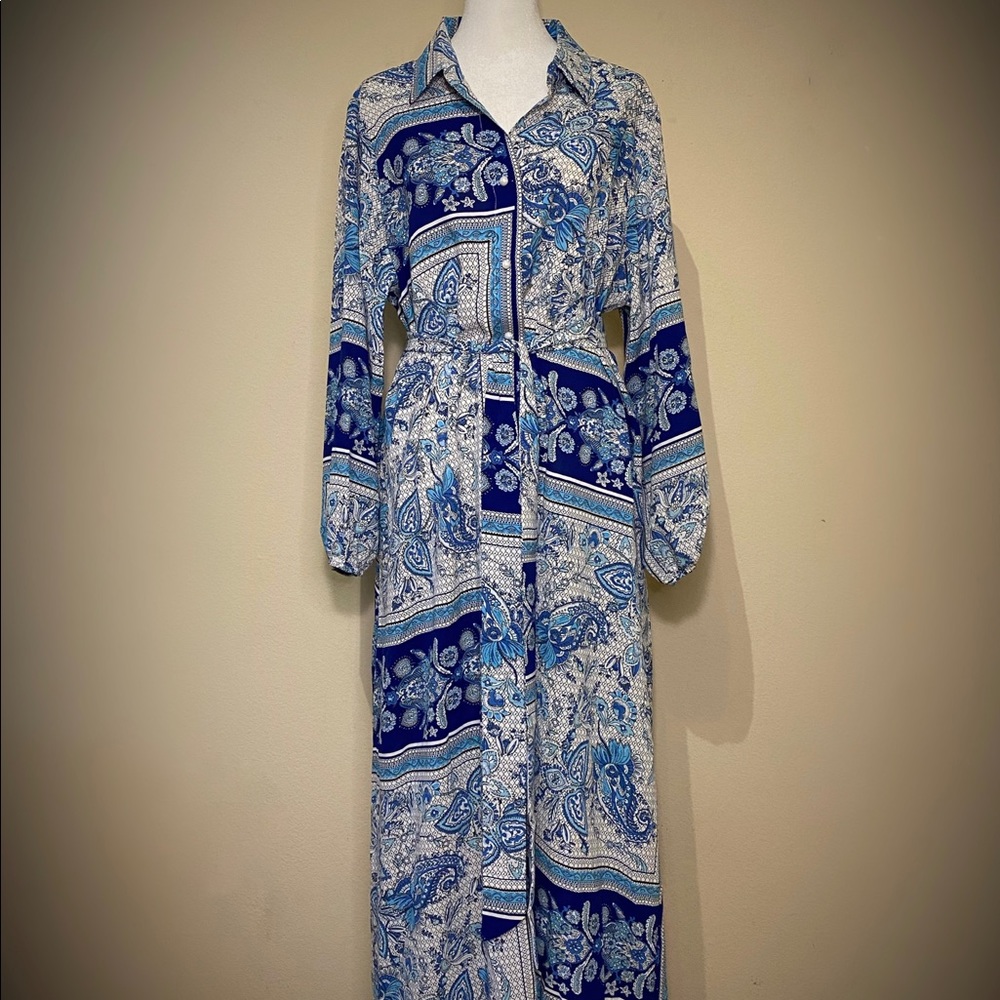 Brand new Print Lantern Sleeve Belted Shirt Dress, plus size